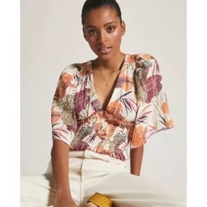 Anthropologie Plunging V-Neck Kimono Blouse Medium Floral Boho Tropical